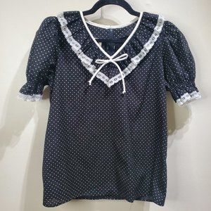 Polka Dotted Puff Sleeve Blouse with White Lace Trim  Medium 1970's